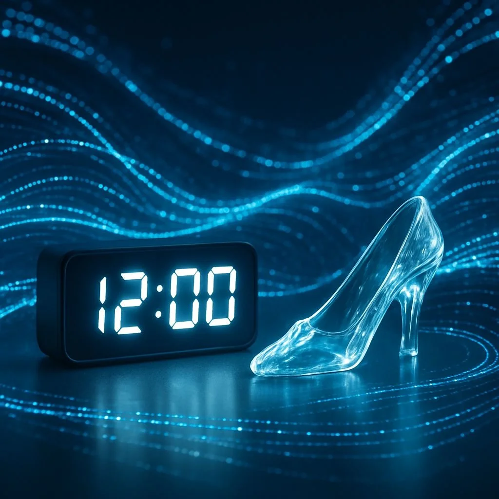 A picture of a clock and glass slipper